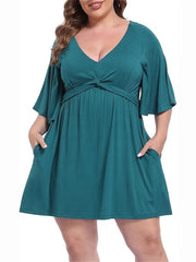 Women's Deep V Neck Twist Knot Front Plus Size Dress