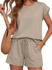 Women's 2-Piece Crew Neck Cap Sleeve Short Set with Pocket