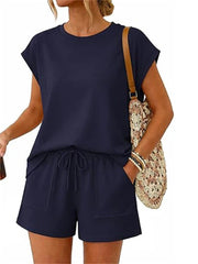 Women's 2-Piece Crew Neck Cap Sleeve Short Set with Pocket