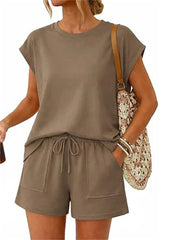 Women's 2-Piece Crew Neck Cap Sleeve Short Set with Pocket