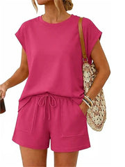 Women's 2-Piece Crew Neck Cap Sleeve Short Set with Pocket