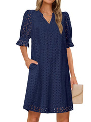 Flounce Sleeve Eyelet Tunic Dress for Women