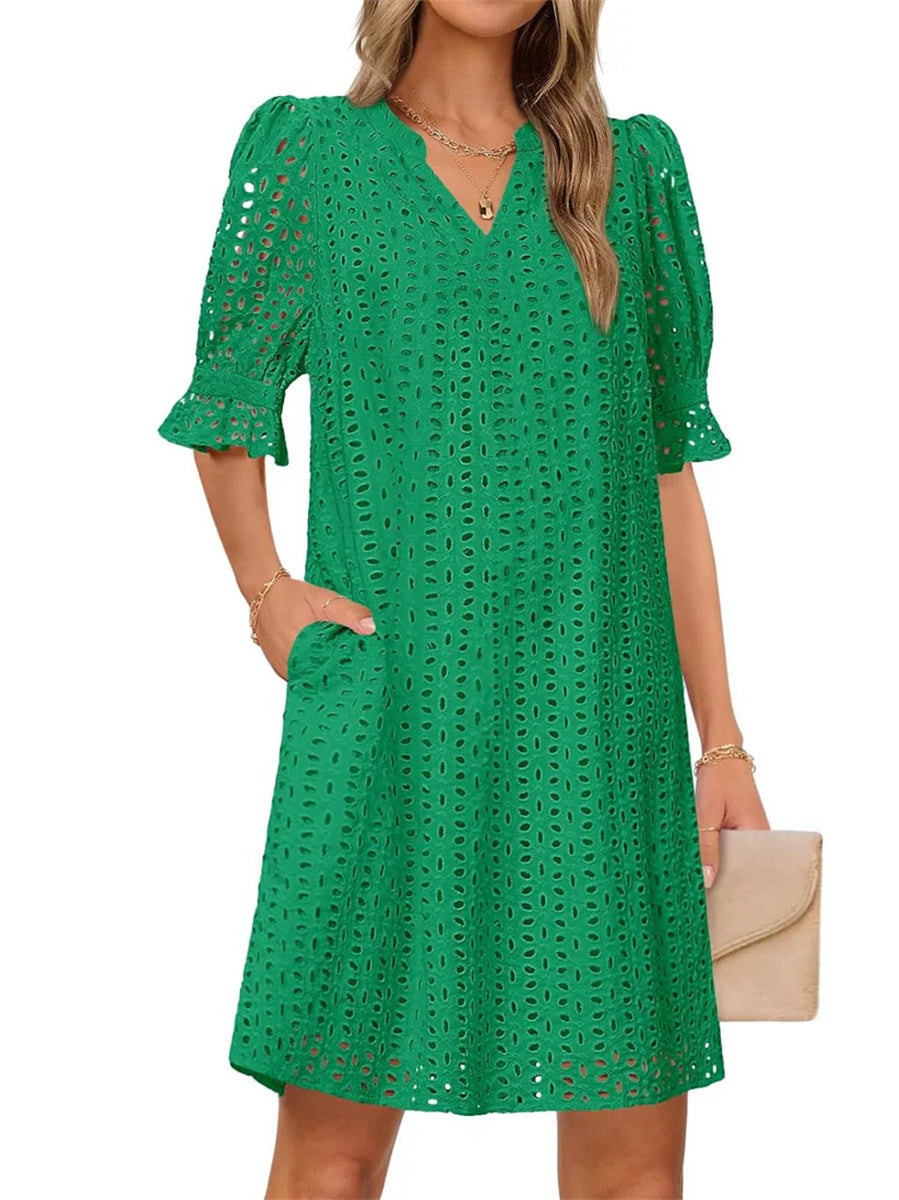 Flounce Sleeve Eyelet Tunic Dress for Women