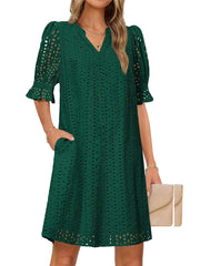 Flounce Sleeve Eyelet Tunic Dress for Women