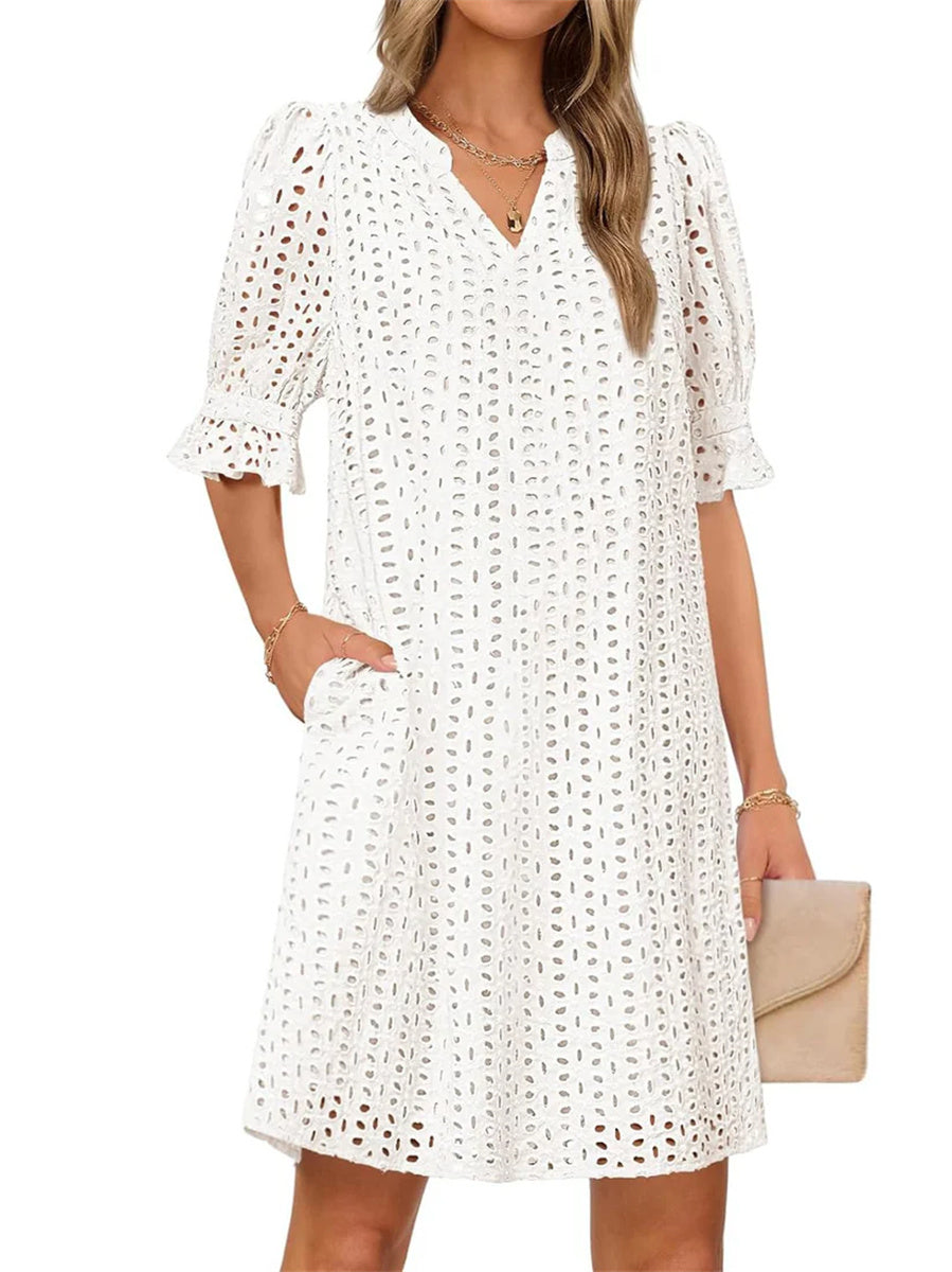 Flounce Sleeve Eyelet Tunic Dress for Women