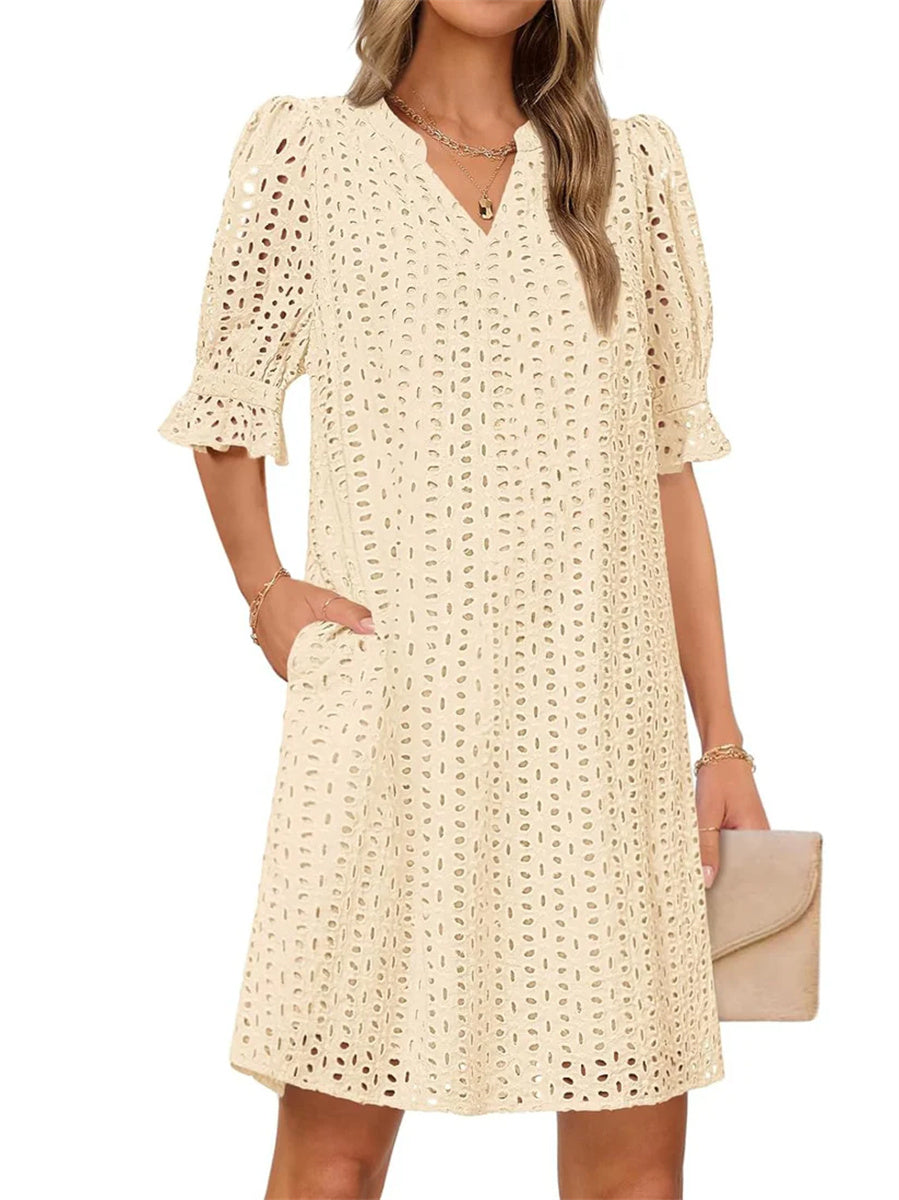 Flounce Sleeve Eyelet Tunic Dress for Women