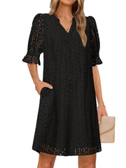 Flounce Sleeve Eyelet Tunic Dress for Women