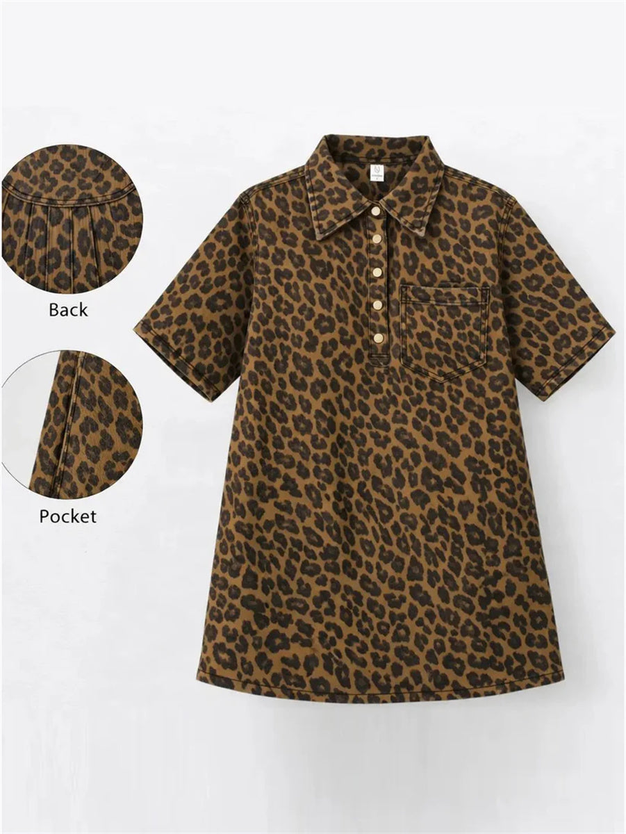 Women's Leopard Print Half-Button Down Tunic Dress with Pocket