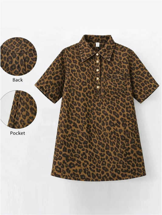 Women's Leopard Print Half-Button Down Tunic Dress with Pocket