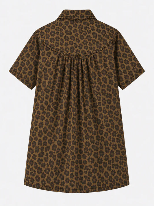 Women's Leopard Print Half-Button Down Tunic Dress with Pocket