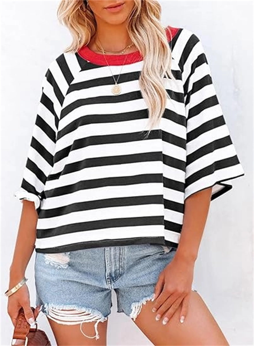 Women's Cute Round Neck Striped Short Sleeve Casual Top