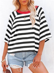 Women's Cute Round Neck Striped Short Sleeve Casual Top