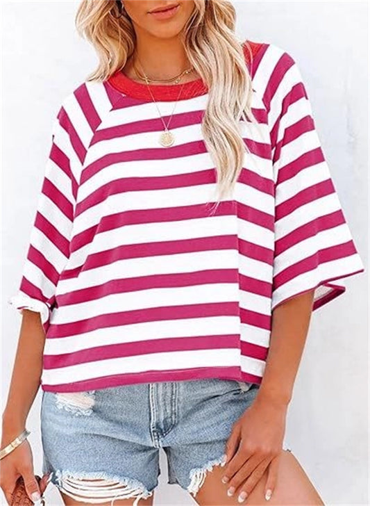 Women's Cute Round Neck Striped Short Sleeve Casual Top