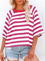 Women's Cute Round Neck Striped Short Sleeve Casual Top