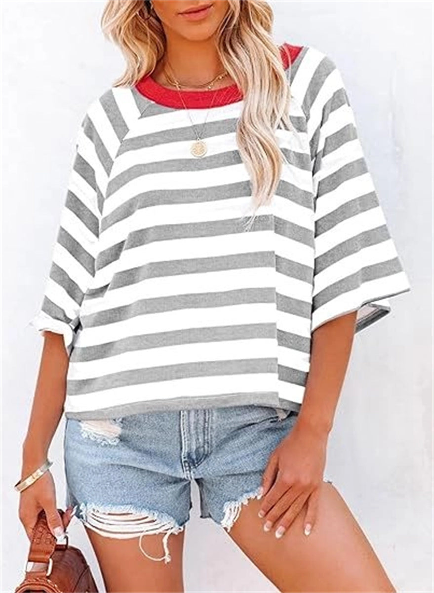 Women's Cute Round Neck Striped Short Sleeve Casual Top
