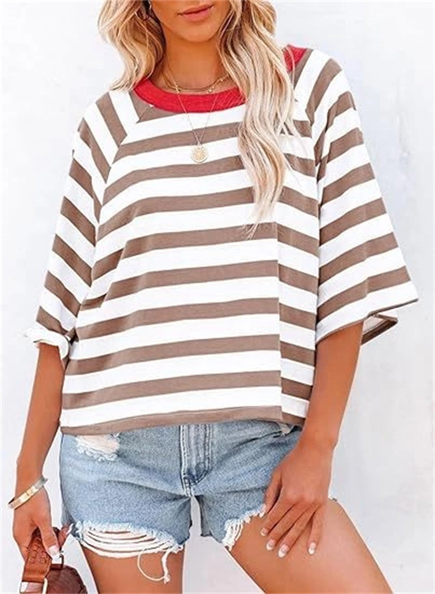 Women's Cute Round Neck Striped Short Sleeve Casual Top