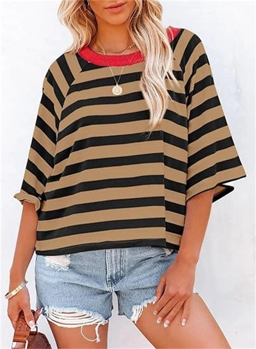 Women's Cute Round Neck Striped Short Sleeve Casual Top