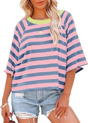 Women's Cute Round Neck Striped Short Sleeve Casual Top