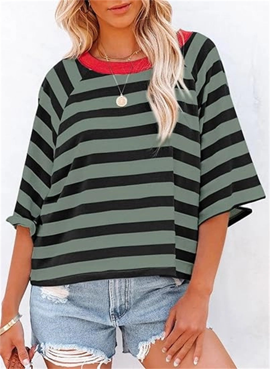 Women's Cute Round Neck Striped Short Sleeve Casual Top