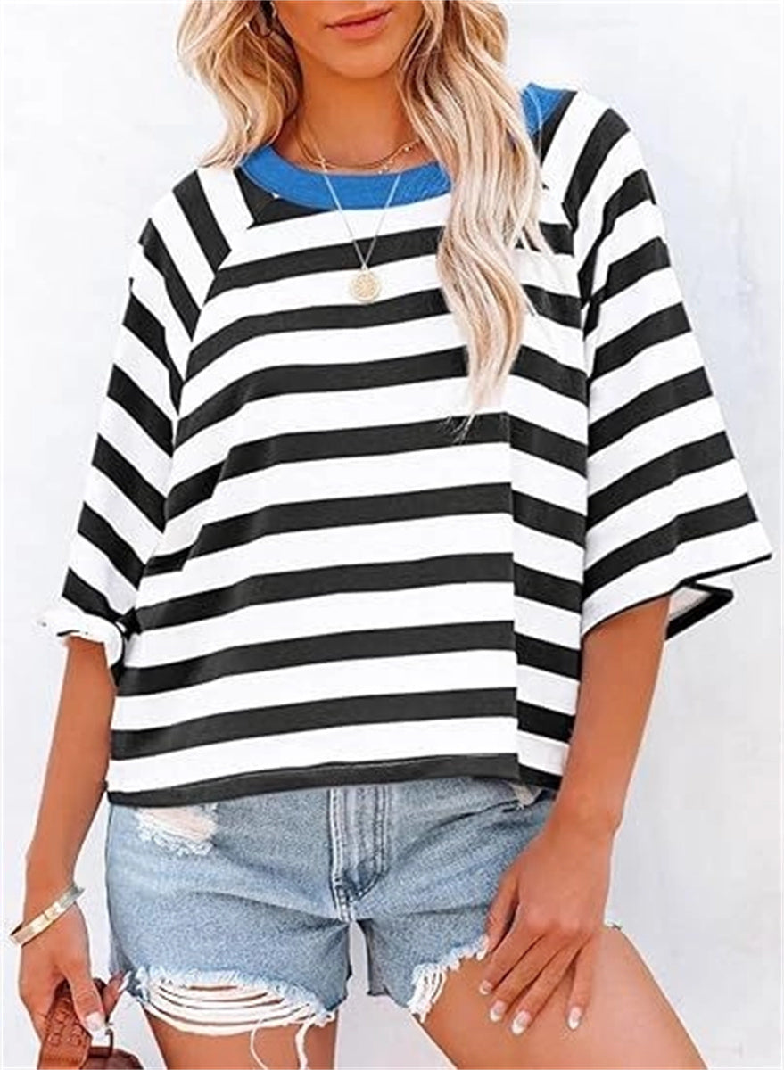 Women's Cute Round Neck Striped Short Sleeve Casual Top