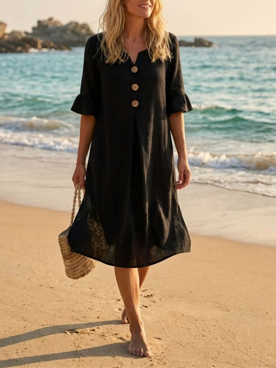 Women's Solid Color V Neck Buttons Ruffled Half Sleeve Midi Dress