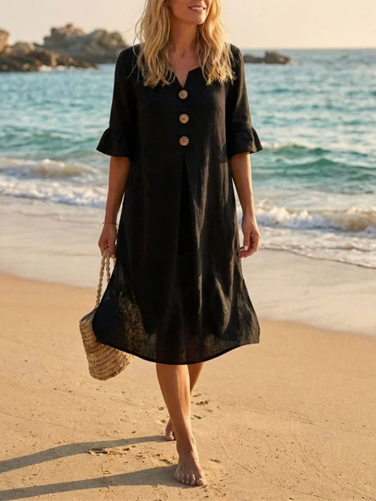 Women's Solid Color V Neck Buttons Ruffled Half Sleeve Midi Dress