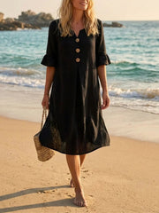 Women's Solid Color V Neck Buttons Ruffled Half Sleeve Midi Dress