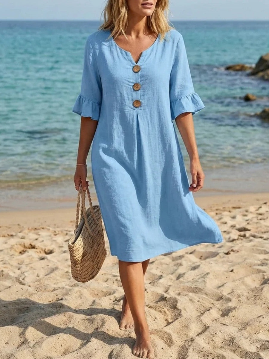 Women's Solid Color V Neck Buttons Ruffled Half Sleeve Midi Dress