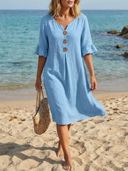 Women's Solid Color V Neck Buttons Ruffled Half Sleeve Midi Dress