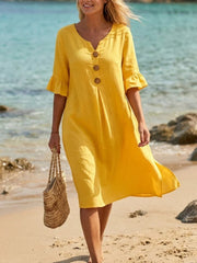 Women's Solid Color V Neck Buttons Ruffled Half Sleeve Midi Dress