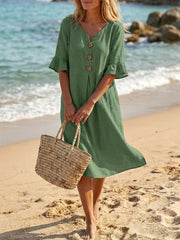Women's Solid Color V Neck Buttons Ruffled Half Sleeve Midi Dress