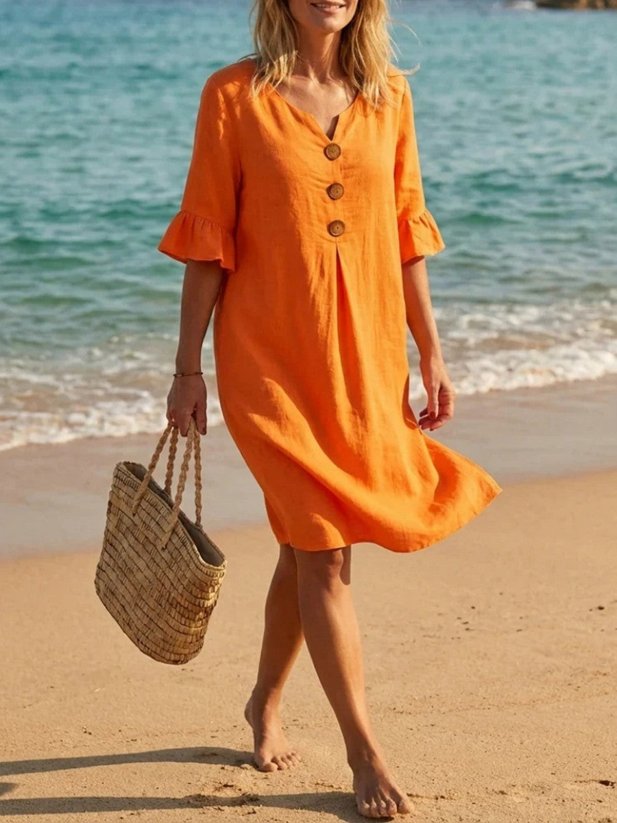 Women's Solid Color V Neck Buttons Ruffled Half Sleeve Midi Dress