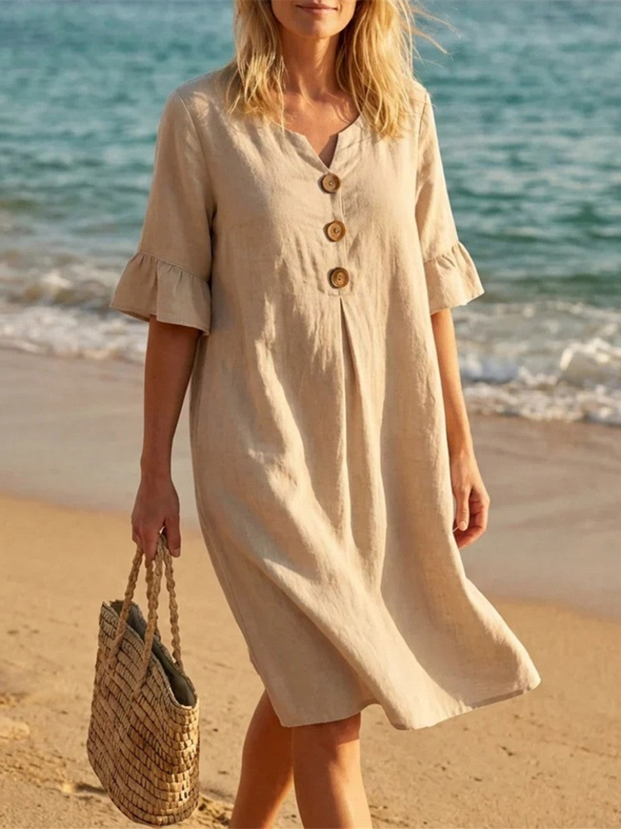 Women's Solid Color V Neck Buttons Ruffled Half Sleeve Midi Dress