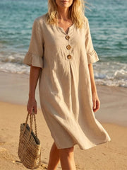 Women's Solid Color V Neck Buttons Ruffled Half Sleeve Midi Dress