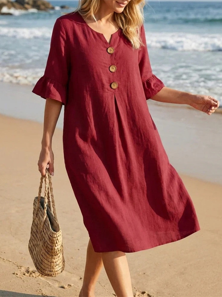 Women's Solid Color V Neck Buttons Ruffled Half Sleeve Midi Dress
