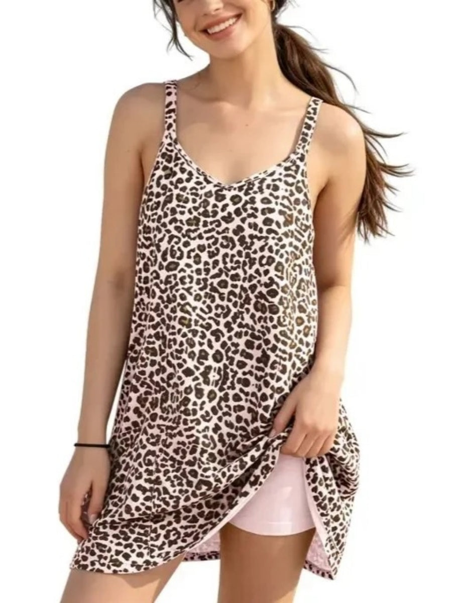 Women's 2 in 1 Leopard Sleeveless Athletic Dress with Pockets