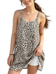 Women's 2 in 1 Leopard Sleeveless Athletic Dress with Pockets