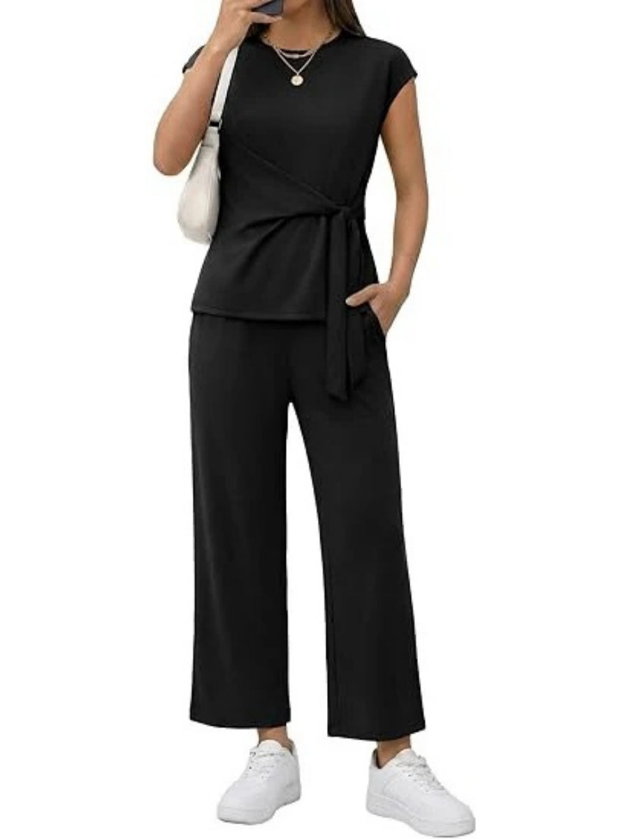 Women's Short Sleeve Wrap Tie Waist Top and Pants 2 Piece Set