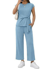 Women's Short Sleeve Wrap Tie Waist Top and Pants 2 Piece Set