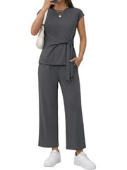 Women's Short Sleeve Wrap Tie Waist Top and Pants 2 Piece Set