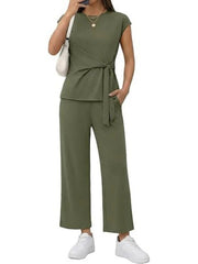 Women's Short Sleeve Wrap Tie Waist Top and Pants 2 Piece Set