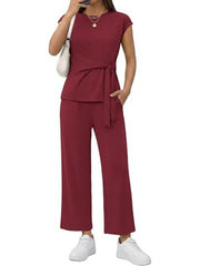 Women's Short Sleeve Wrap Tie Waist Top and Pants 2 Piece Set