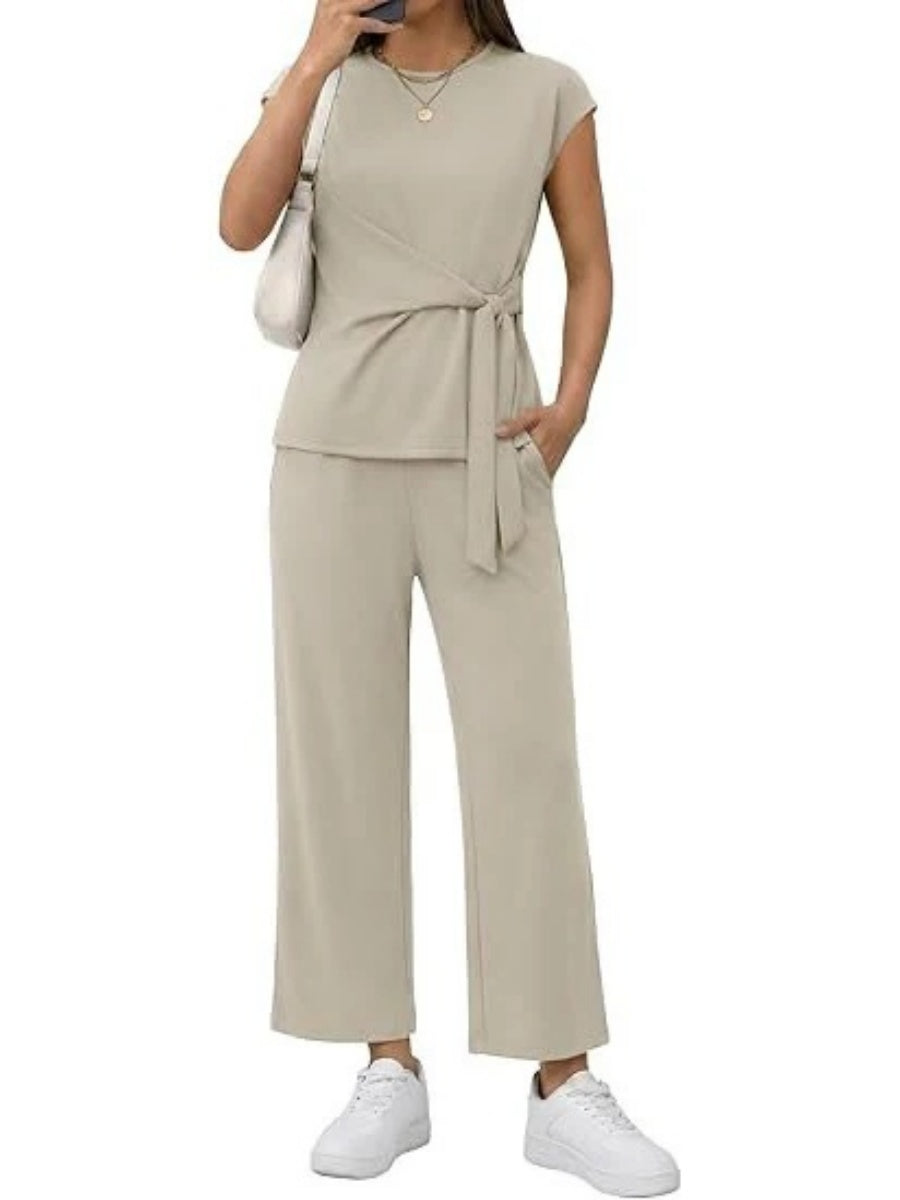 Women's Short Sleeve Wrap Tie Waist Top and Pants 2 Piece Set