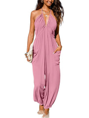 Women's Plunge Halter Sleeveless Pleated Jogger Long Jumpsuit with Pockets