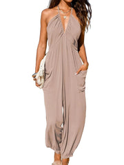 Women's Plunge Halter Sleeveless Pleated Jogger Long Jumpsuit with Pockets