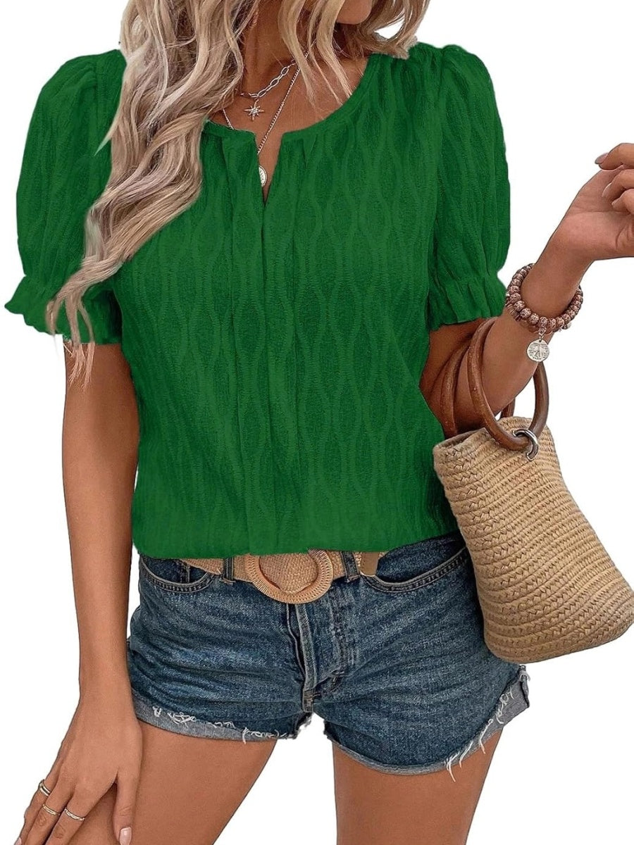 Women's Casual Spring Summer V Neck Puff Sleeve Blouses