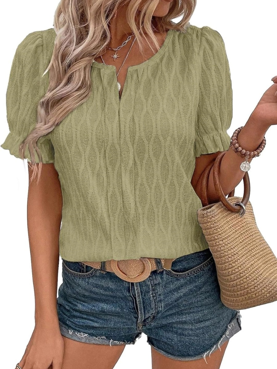 Women's Casual Spring Summer V Neck Puff Sleeve Blouses