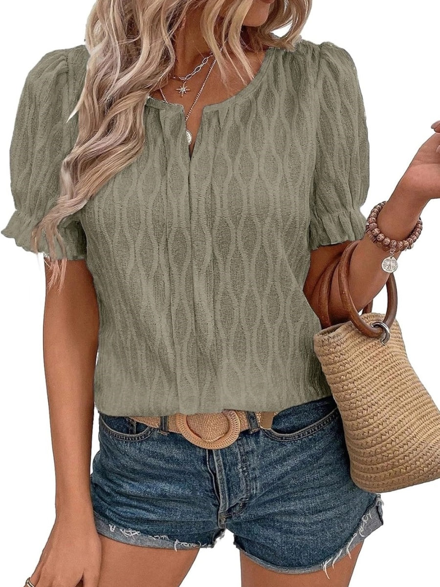 Women's Casual Spring Summer V Neck Puff Sleeve Blouses