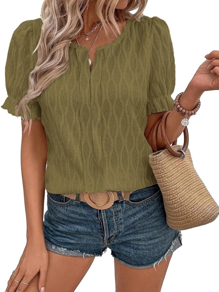 Women's Casual Spring Summer V Neck Puff Sleeve Blouses