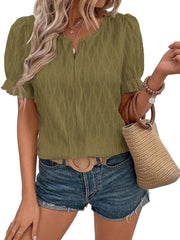 Women's Casual Spring Summer V Neck Puff Sleeve Blouses